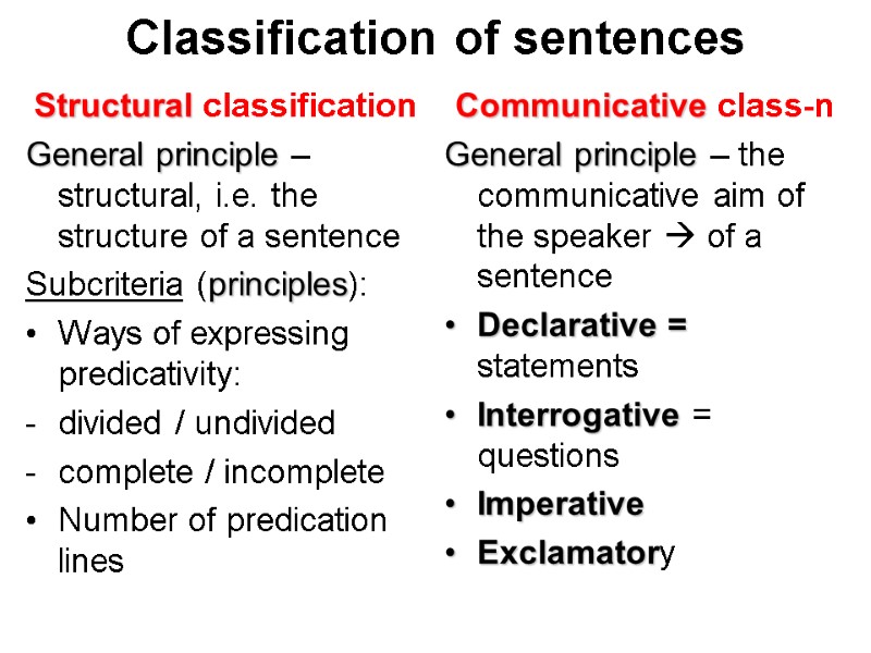 Classification of sentences Structural classification General principle – structural, i.e. the structure of a